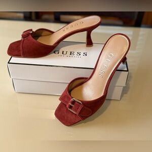 Guess Women's Dista Buckle Kitten Heel Dress Suede Sandals Dark Red Size 9M